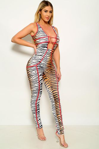 Sexy Tiger Deep Plunge Hollow Out Sleeveless Jumpsuit - AMIClubwear - Modalova