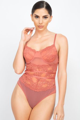 Sheer Lace Floral Padded Bodysuit - KandyKouture - Modalova