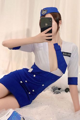 Sexy Blue White Cut-Out Naughty Police 4Pc. Authority Costume - AMIClubwear - Modalova