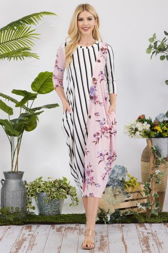 Celeste Full Size Floral Striped Contrast Midi-Dress with Pockets - Trendsi - Modalova