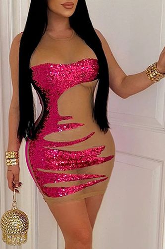 Pink Sequin Design Nude Mesh Sexy Fitted Party Dress - AMIClubwear - Modalova