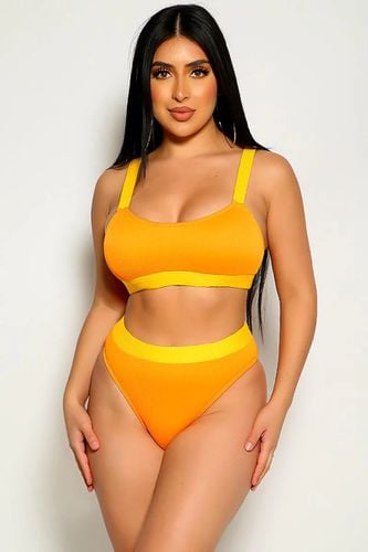 Orange Yellow Ribbed Bikini Top & High Waisted Bottom 2 Pc Set - AMIClubwear - Modalova