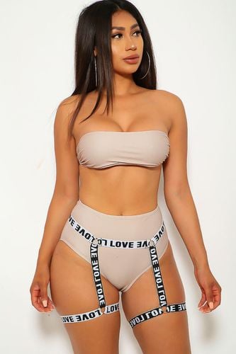 Beige Bandeau Strappy Three Piece Swimsuit - AMI Clubwear - Modalova