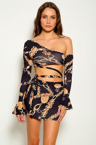 Black Chain Print Long Sleeves Two Piece Sexy Dress - AMIClubwearStore - Modalova