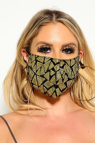 Black Gold Two Tone Sequin Geometric Print Fashion Mask - Kandy Kouture - Modalova