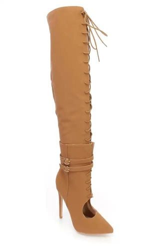 Camel Thigh High Lace Up High Heel Boots Nubuck - AMI Clubwear - Modalova