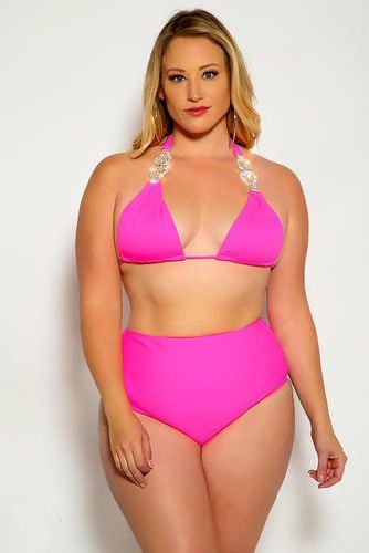 Fuchsia Halter Rhinestone Detail High Waist Plus Size Two Piece Swimsuit - AMIClubwearStore - Modalova