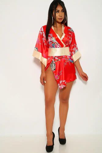 Red Floral Print 3 Piece Geisha Kimono Costume - Kandy Kouture - Modalova