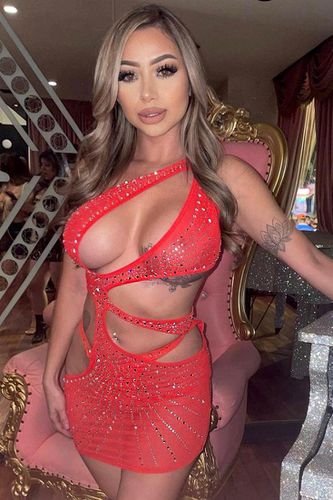 Red One Shoulder Mesh Rhinestone Cut Out Two Piece Sexy Party Dress - AMIClubwearStore - Modalova