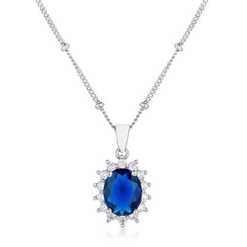 Rhodium Plated Sapphire Blue Petite Royal Oval Pendant - AMIClubwear - Modalova