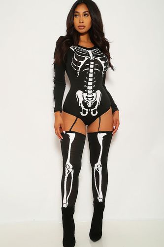 Sexy Bone-A-Fide Skeleton Black White Long Sleeve Bodysuit 3 Pc Costume - AMIClubwear - Modalova