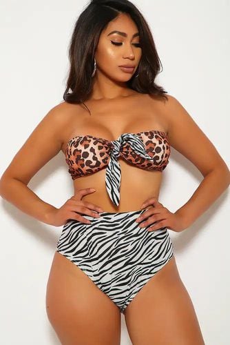 Sexy Leopard Zebra Print Bandeau High Waist Two Piece Swimsuit - AMIClubwear - Modalova