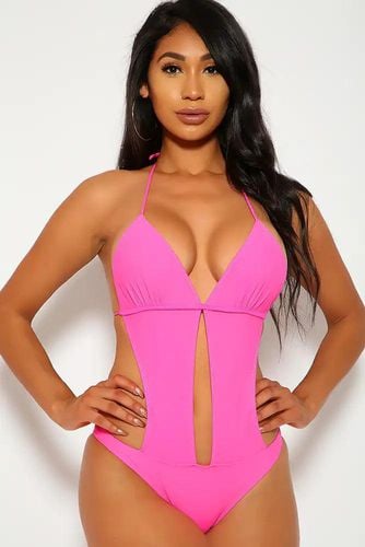 Sexy Neon Pink Halter Cut Out One Piece Monokini Swimsuit - AMIClubwearStore - Modalova