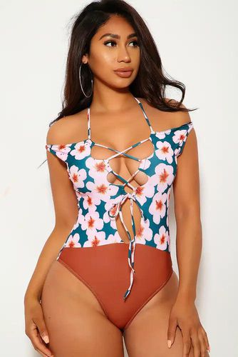 Sexy Pink Brown Floral Print Lace Up Monokini Swimsuit - Kandy Kouture - Modalova