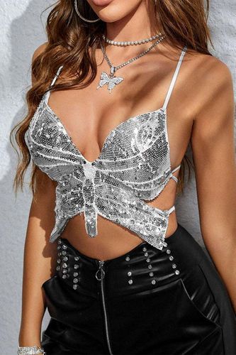 Silver Butterfly Sequin Sexy Backless Crop Top - AMIClubwear - Modalova