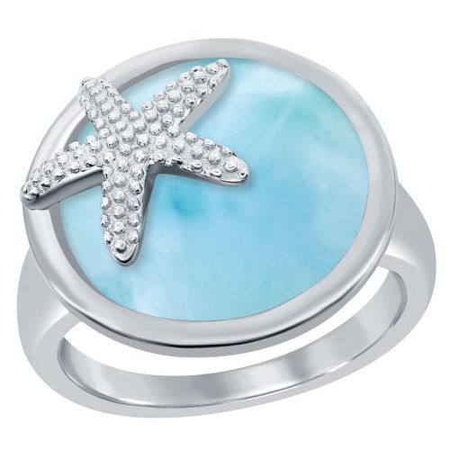 Women's Ring - Silver Round Larimar Starfish / W-2675 - Caribbean Treasures - Modalova
