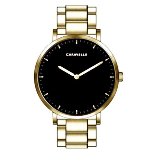 Men's Bracelet Watch - Dress Black Dial Yellow Gold Steel / 44A112 - Caravelle - Modalova