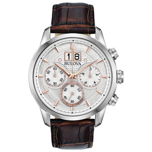 Men's Chronograph Watch - Classic Silver Tone Dial Brown Leather Strap / 96B309 - Bulova - Modalova