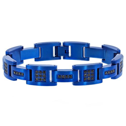 Men's Bracelet - Blue Plated Stainless Steel and Black CZ Link / ST-1610 - Blackjack - Modalova