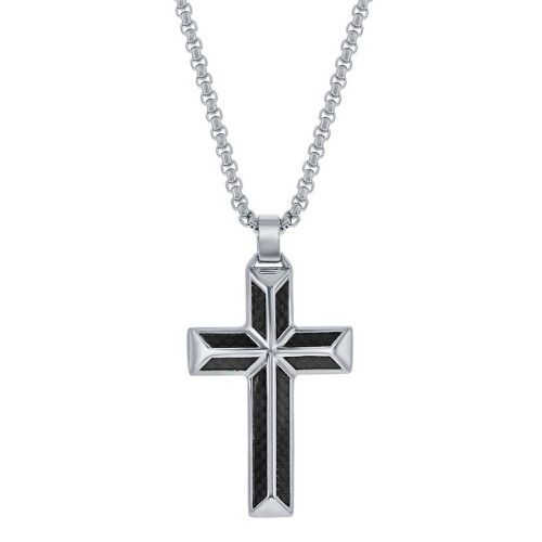 Men's Necklace - Stainless Steel Black Carbon Fiber Cross Pendant / SL-7088 - Blackjack - Modalova