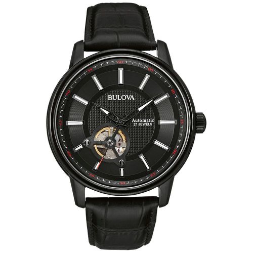 A139 Mens Dress Self-Winding Black Dial Black Leather Strap Automatic Watch - Bulova - Modalova