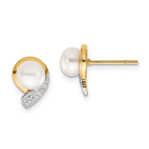 K 5-6mm White Button FW Cultured Pearl .01ct Diamond Post Earrings - Jewelry - Modalova