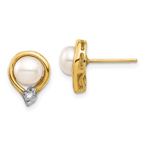 K 5-6mm White Button FW Cultured Pearl .02ct Diamond Post Earrings - Jewelry - Modalova