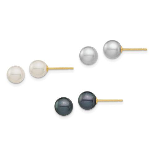 K 6-6.5mm White/Grey/Black Round FWC Pearl 3 pair Stud Post Earrings Set - Jewelry - Modalova