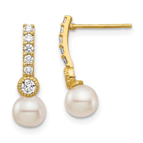 K 6mm White Semi-round Freshwater Cultured Pearl CZ Post Drop Earrings - Jewelry - Modalova