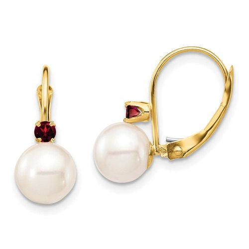 K 7-7.5mm White Round FWC Pearl Garnet Leverback Earrings - Jewelry - Modalova