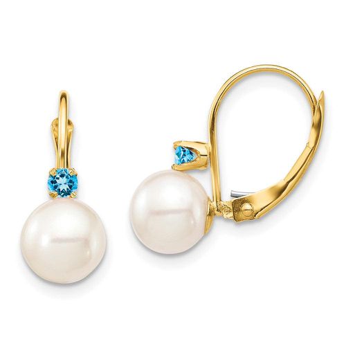 K 7-7.5mm White Round FWC Pearl Swiss Blue Topaz Leverback Earrings - Jewelry - Modalova