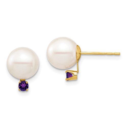 K 8-8.5mm White Round Freshwater Cultured Pearl Amethyst Post Earrings - Jewelry - Modalova
