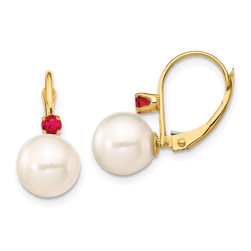 K 8-8.5mm White Round FWC Pearl Ruby Leverback Earrings - Jewelry - Modalova
