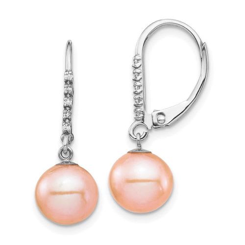K White Gold 8-9mm Pink FWC Pearl .05ct Diamond Leverback Earrings - Jewelry - Modalova