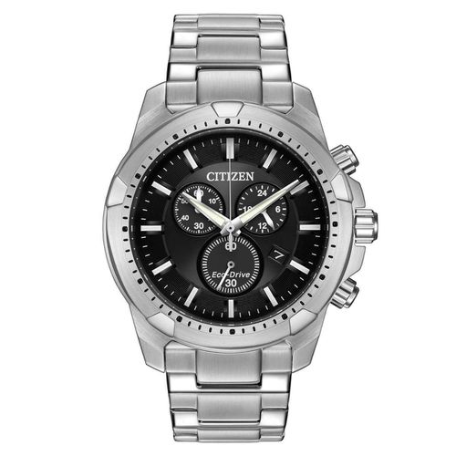 Men's Chronograph Watch - Eco-Drive Black Dial Steel Bracelet / AT2260-53E - Citizen - Modalova