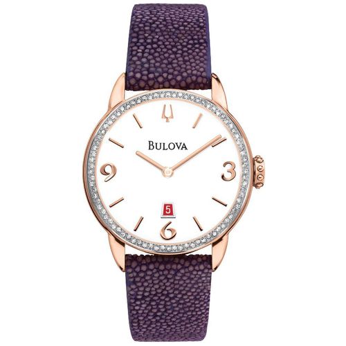 R196 Women's Diamond Gallery White Dial Rose Gold Steel Purple Leather Strap Watch - Bulova - Modalova