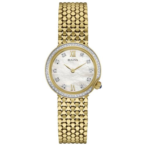 R218 Women's Maiden Lane Diamond White MOP Dial Yellow Gold Plated Steel Bracelet Watch - Bulova - Modalova
