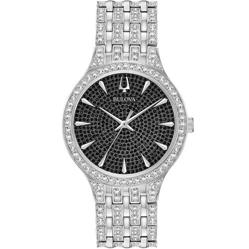 Men's Bracelet Watch - Crystal Quartz Black Pave Dial Silver Steel / 96A227 - Bulova - Modalova
