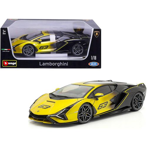 Model Car - Lamborghini Sian FKP 37 #63 Yellow Metallic and Black - Bburago - Modalova