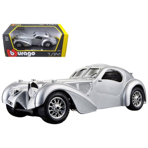 Diecast Model Car - Bugatti Atlantic RHD Metallic Silver Rubber Tires - Bburago - Modalova