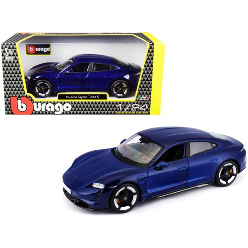 Diecast Model Car - Porsche Taycan Turbo S Blue Metallic Rubber Tires - Bburago - Modalova