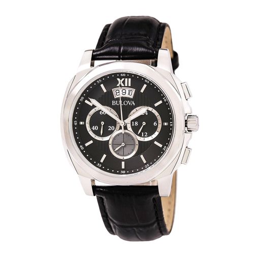 B218 Men's Classic Grey Dial Black Leather Strap Chronograph Watch - Bulova - Modalova