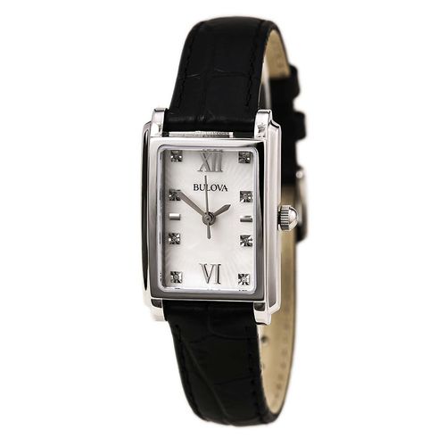 P156 Women's Diamond White MOP Dial Black Leather Strap Watch - Bulova - Modalova