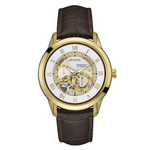 A121 Men's Automatic Brown Leather Strap Watch - Bulova - Modalova