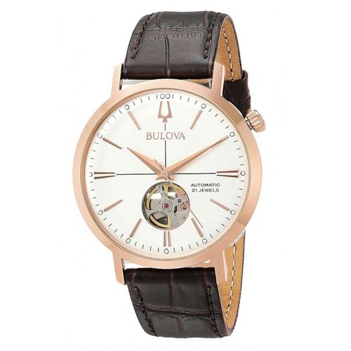 A136 Men's Classic Automatic White Dial Brown Leather Strap Watch - Bulova - Modalova