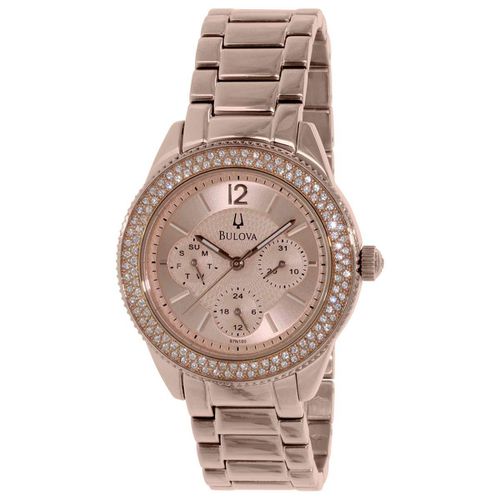 N100 Women's Crystal Accented Bezel Rose Gold Dial Rose Gold Steel Bracelet Watch - Bulova - Modalova