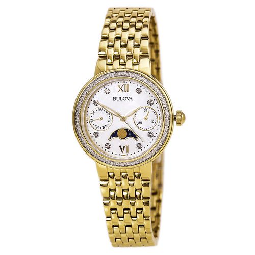 R224 Women's Diamond Accented White MOP Dial Yellow Gold Steel Bracelet Day Date Watch - Bulova - Modalova