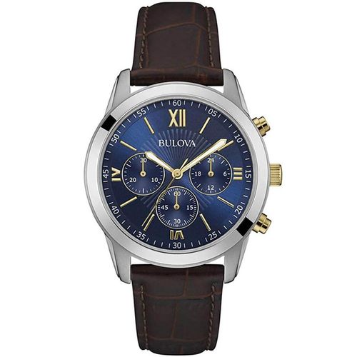 Men's Chronograph Watch - Classic Blue Dial Brown Leather Strap / 98A151 - Bulova - Modalova