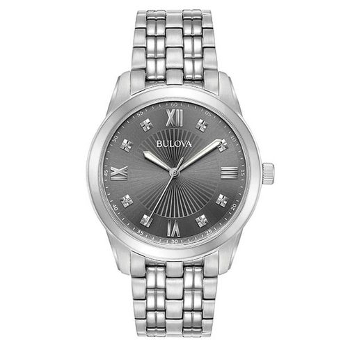 Men's Diamond Watch - Dress Grey Dial Steel Bracelet / 96D132 - Bulova - Modalova