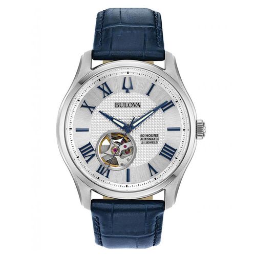 Men's Strap Watch - Classic Automatic Silver Dial Blue Leather / 96A206 - Bulova - Modalova